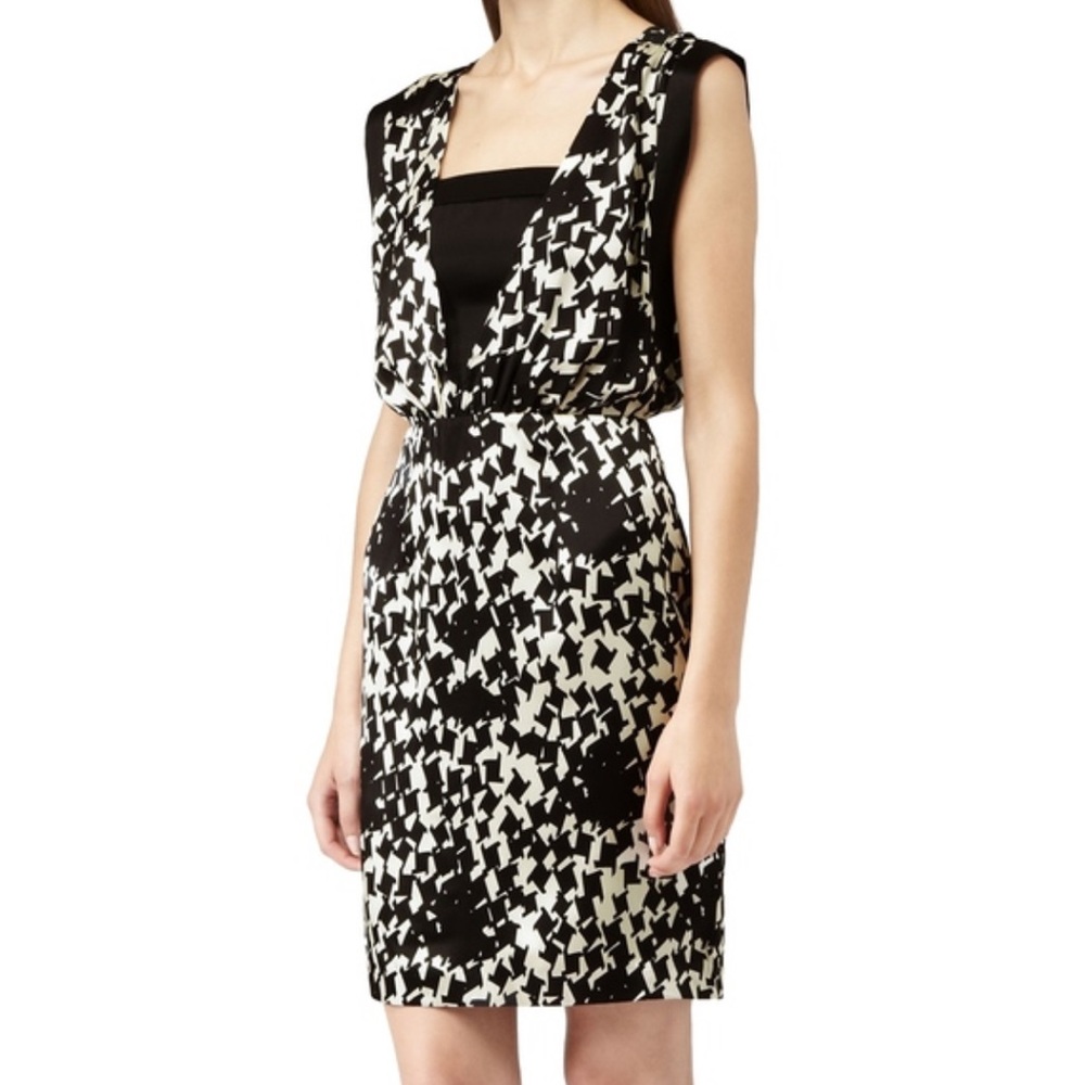Reiss Arun 100% Silk V-Neck Cocktail Dress Size 4 EU 36 Black Cream